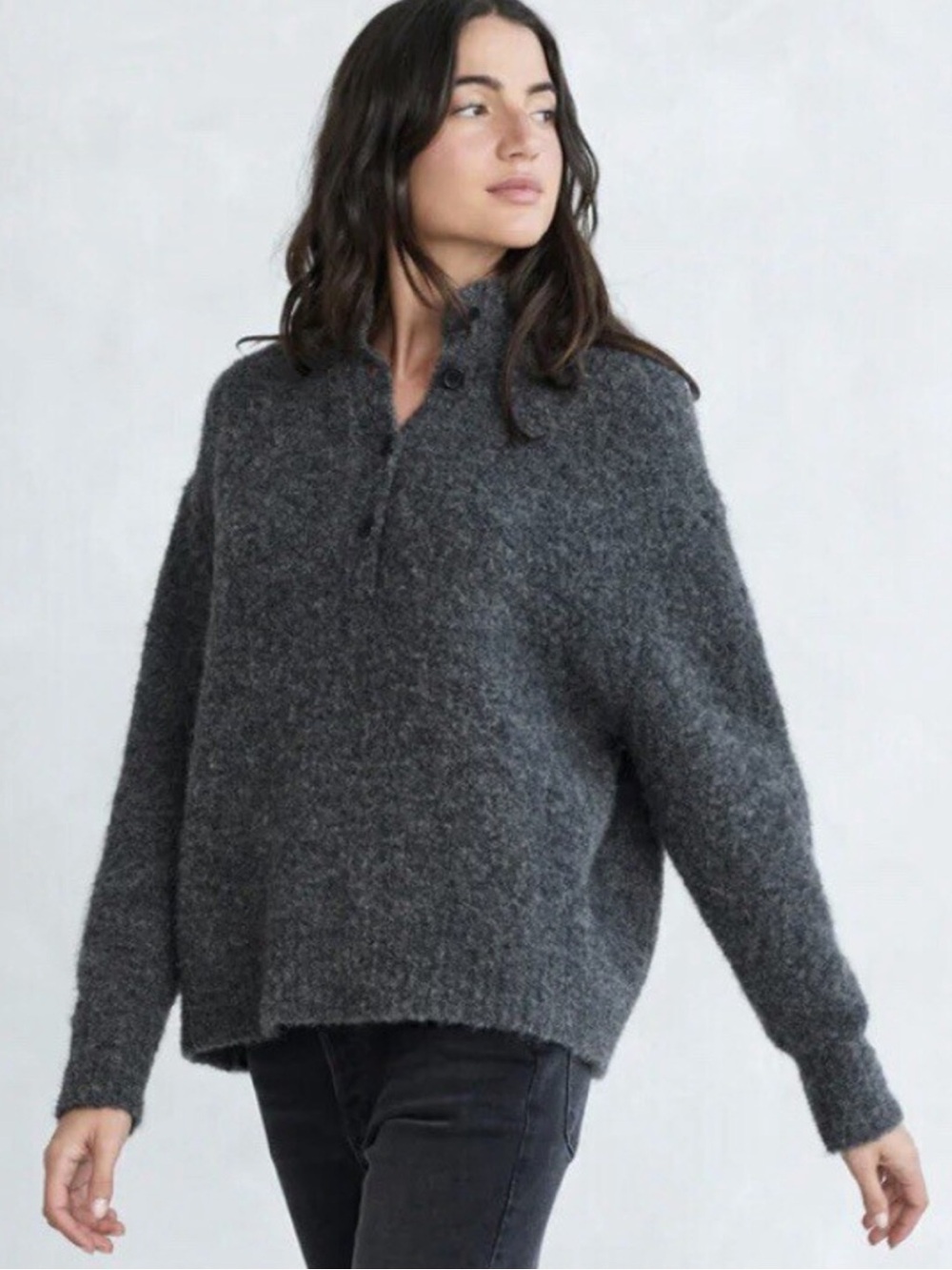 Jenni Kayne Chunky Button-Up Mock Neck Sweater in Charcoal size L